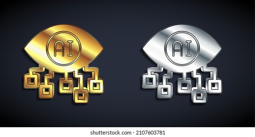 Gold And Silver Computer Vision Icon Isolated On Black Background. Technical Vision, Eye Circuit, Video Surveillance System, Augmented Reality Systems. Long Shadow Style. Vector