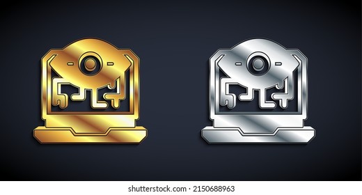 Gold And Silver Computer Vision Icon Isolated On Black Background. Technical Vision, Eye Circuit, Video Surveillance System, Augmented Reality Systems. Long Shadow Style. Vector