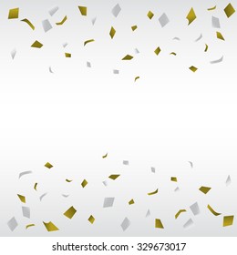 Gold And Silver Confetti Background, Can Be Ues For Celebration, New Year, Birthday, Christmas Greeting Card.  Also Design For Web Page, Business Banner, Cover Page. Vector Illustration