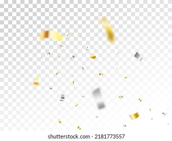 Gold and silver confetti background. Golden glitter. Birthday celebrate backdrop. Christmas shiny decoration. Carnival poster. Paper serpentine. Anniversary banner. Falling tinsel.Vector illustration.
