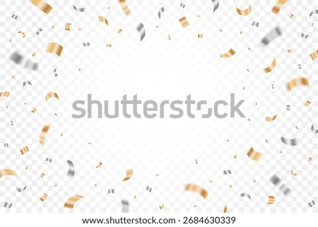 Gold and silver confetti isolated on a transparent background. Falling golden ribbon for carnival, New Year, birthday and festival design. Festive splash confetti backdrop. Vector illustration
