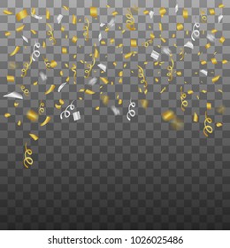 Gold and silver confetti, particles on transparent background. Tinsel. Vector illustration for the holiday.