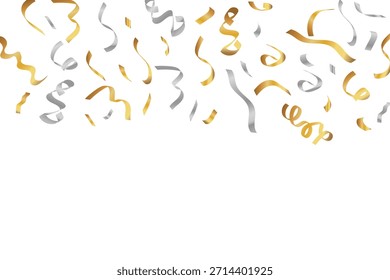 Streamers de confeti de oro y plata que caen desde arriba sobre fondo blanco: ilustración de decoración de celebración festiva.