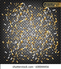 Gold and silver confetti. Vector festive illustration of a falling shiny confetti glitters isolated on a transparent checkered background. Festive Decorative Element for greeting cards.