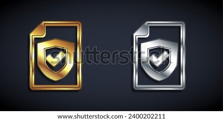 Gold and silver Contract with shield icon isolated on black background. Insurance concept. Security, safety, protection, protect concept. Long shadow style. Vector