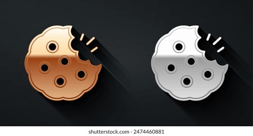 Gold and silver Cookie or biscuit with chocolate icon isolated on black background. Long shadow style. Vector