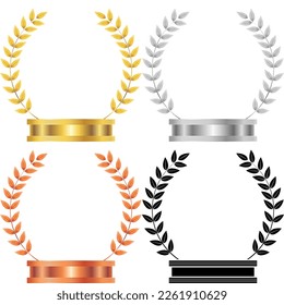 Gold, Silver, Copper, Black-White Silhouette Olive Laurel Wreath Blank Frame Winner Sport Competition Challenge Fight Match Grand Prize Reward Logo Icon Set Isolated on White Background