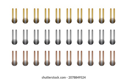 Gold, silver, copper and horizontal spiral for open notebook and calendar. Gold spiral wire bindings for sheets of paper. Set vector illustration isolated on realistic style on white background.