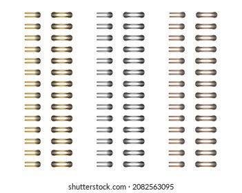 Gold, silver, copper and horizontal spiral for open notebook and calendar. Gold spiral wire bindings for sheets of paper. Set vector illustration isolated on realistic style on white background.