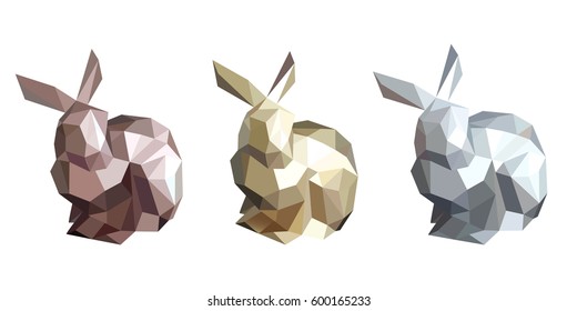  Gold, silver and copper low polly rabbit. Paper animals 