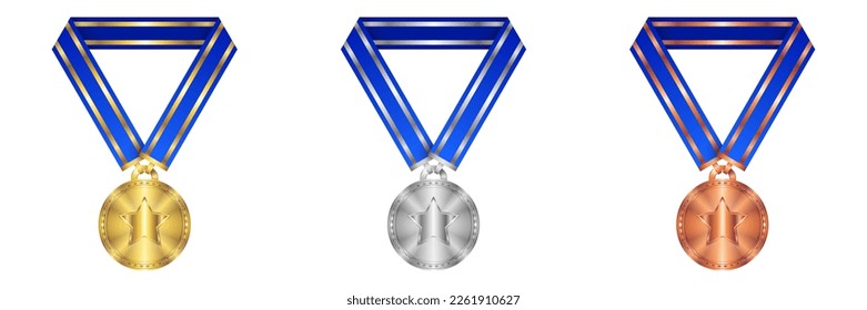 Gold, Silver, Copper Medals Winner Sport Competition Challenge Fight Match Grand Prize Reward Logo Icon Set Isolated on White Background