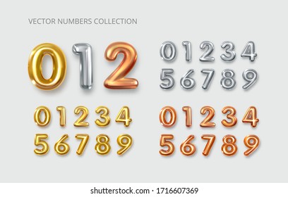 Gold, silver, copper numbers. Balloons from 0 to 9. 3d numbers. Party, birthday, anniversary and wedding celebration. Golden round font. Realistic design elements. Festive set isolated. Vector - Shutterstock ID 1716607369