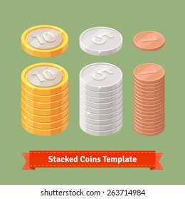 Gold, silver and copper stacked coins. You can easily assemble coin stacks with this template. Flat style icons. 