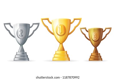 Gold silver copper victory award cup prize realistic 3d trophy isolated icons design vector illustration