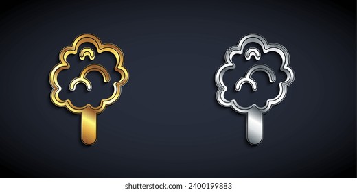 Gold and silver Cotton candy icon isolated on black background. Long shadow style. Vector