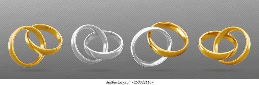 Anillo de pareja de oro y plata. Vector de joyería de matrimonio 3D. Dos objetos de oro de la joya de la boda. Símbolo realista de la celebración de la esposa y el esposo. Blanco platino casado círculo par para el evento. Regalo romántico