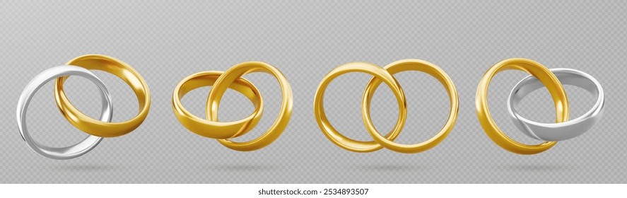 Gold and silver couple ring. 3d marriage jewelry vector. Two golden wedding jewel object. Realistic wife and husband celebration symbol. White platinum married circle pair for event. Romance gift