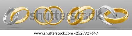 Gold and silver couple ring. 3d marriage jewelry vector. Two golden wedding jewel object. Realistic wife and husband celebration symbol. White platinum married circle pair for event. Romance gift