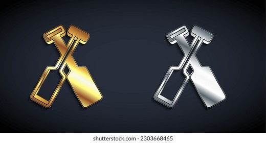 Gold and silver Crossed oars or paddles boat icon isolated on black background. Long shadow style. Vector