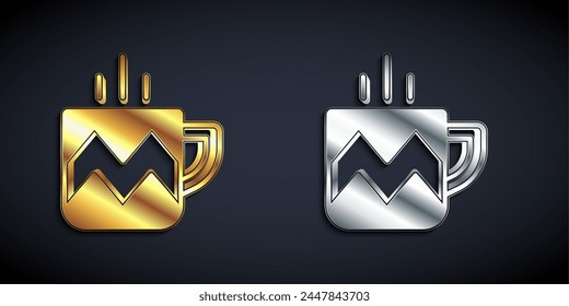 Gold and silver Cup of tea icon isolated on black background. Long shadow style. Vector