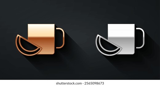 Gold and silver Cup of tea with lemon icon isolated on black background. Long shadow style. Vector