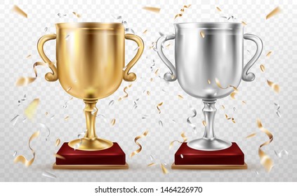 Gold and silver cups, sport competition trophy, championship goblets on red wood stand, falling foil confetti isolated on transparent background. Winner precious prize, leadership. Realistic 3d vector