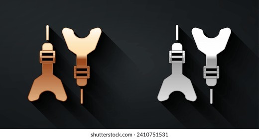 Gold and silver Dart arrow icon isolated on black background. Long shadow style. Vector