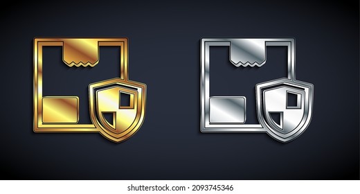 Gold and silver Delivery security with shield icon isolated on black background. Delivery insurance. Insured cardboard boxes beyond the shield. Long shadow style. Vector