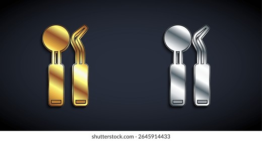 Gold and silver Dental inspection mirror and probe icon isolated on black background. Explorer scaler. Tool dental checkup. Long shadow style. Vector