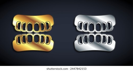 Gold and silver Dentures model icon isolated on black background. Teeth of the upper jaw. Dental concept. Long shadow style. Vector