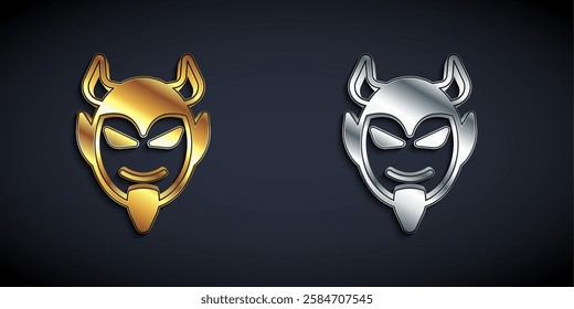 Gold and silver Devil head icon isolated on black background. Happy Halloween party. Long shadow style. Vector