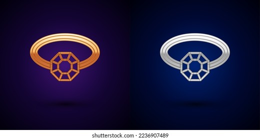 Icono del anillo de compromiso del diamante dorado y plateado aislado en fondo negro.  Vector