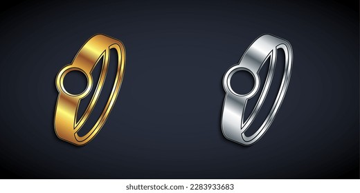 Icono del anillo de compromiso del diamante dorado y plateado aislado en fondo negro. Estilo de sombra larga. Vector