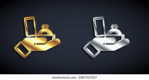 Gold und Silber Diamant Verlobungsring in einer Box-Symbol isoliert auf schwarzem Hintergrund. Langer Schatten. Vektorgrafik