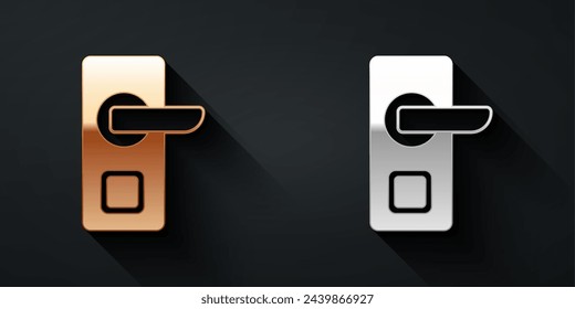 Gold and silver Digital door lock with wireless technology for unlock icon isolated on black background. Door handle sign. Security smart home. Long shadow style. Vector