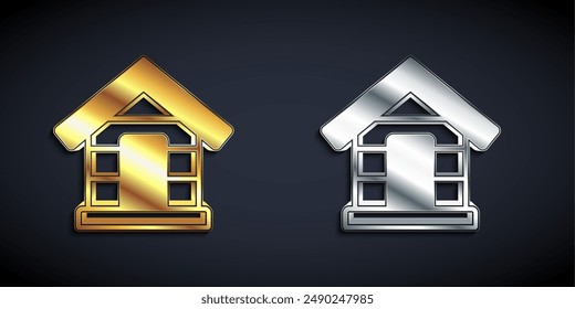 Gold and silver Dog house icon isolated on black background. Dog kennel. Long shadow style. Vector
