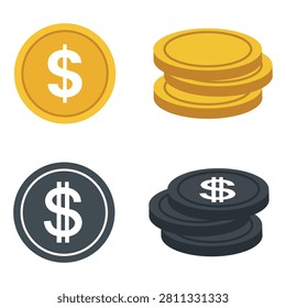 Gold and silver dollar coins with stacked currency isolated on white background flat vector illustration representing finance savings investment payment business economy and wealth related commercial concepts.