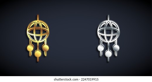 Gold and silver Dream catcher with feathers icon isolated on black background. Long shadow style. Vector