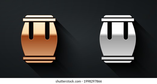 Gold and silver Drum icon isolated on black background. Music sign. Musical instrument symbol. Long shadow style. Vector