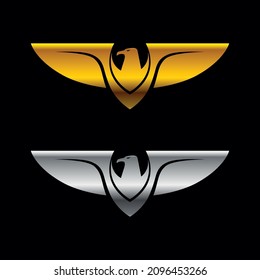 Gold and silver eagle logos on black background