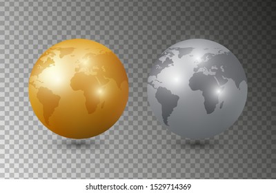Gold silver earth. 3D Earth planet models vector illustration. Planet isolated on transparent background