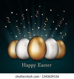 Gold and silver easter eggs on dark background. Easter golden and white eggs. Template design, greeting card. Invitation background, vector