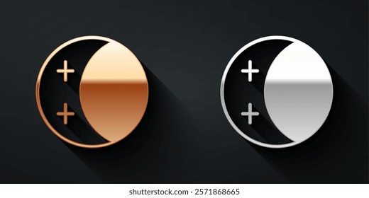 Gold and silver Eclipse of the sun icon isolated on black background. Total sonar eclipse. Long shadow style. Vector