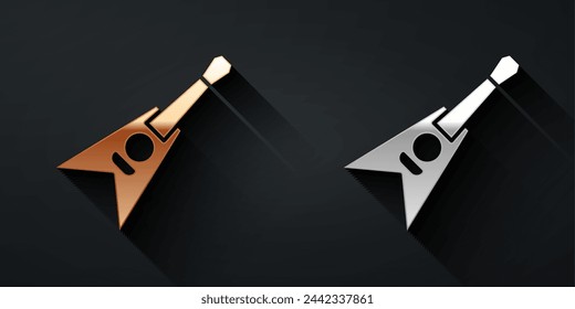 Gold and silver Electric bass guitar icon isolated on black background. Long shadow style. Vector