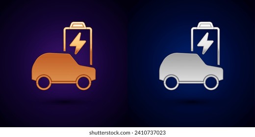 Gold and silver Electric car and electrical cable plug charging icon isolated on black background. Renewable eco technologies.  Vector