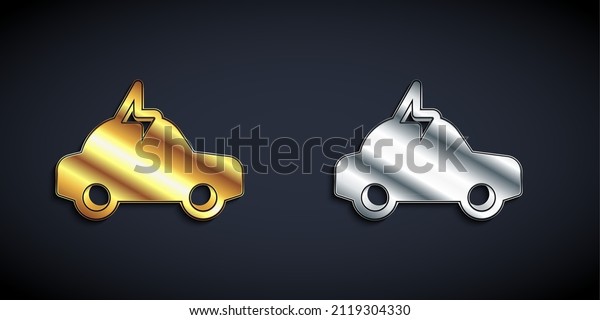 Gold and silver Electric car and\
electrical cable plug charging icon isolated on black background.\
Renewable eco technologies. Long shadow style.\
Vector