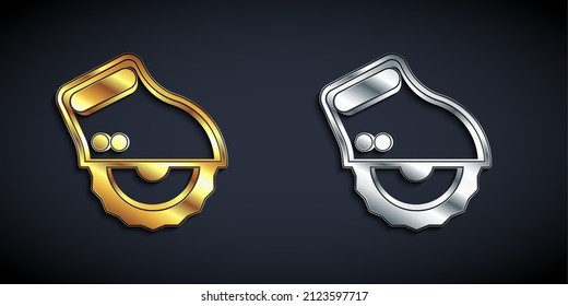 Gold and silver Electric circular saw with steel toothed disc icon isolated on black background. Electric hand tool for cutting wood or metal. Long shadow style. Vector