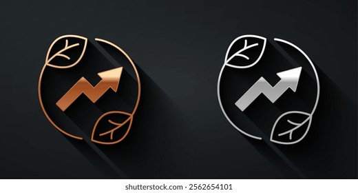 Gold and silver Electric saving plug in leaf icon isolated on black background. Save energy electricity. Environmental protection. Bio energy. Long shadow style. Vector