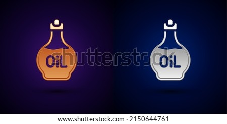 Gold and silver Essential oil bottle icon isolated on black background. Organic aromatherapy essence. Skin care serum glass drop package.  Vector