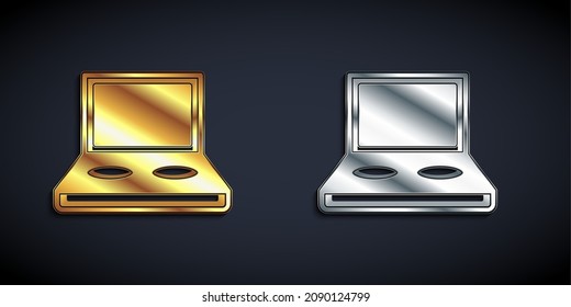 Gold And Silver Eye Shadow Palette With Brush Icon Isolated On Black Background. Long Shadow Style. Vector